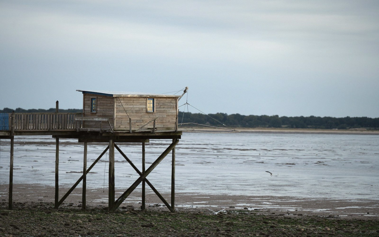 A wooden fishing hut on stilts overlooks a mudflat with a lifting net attached