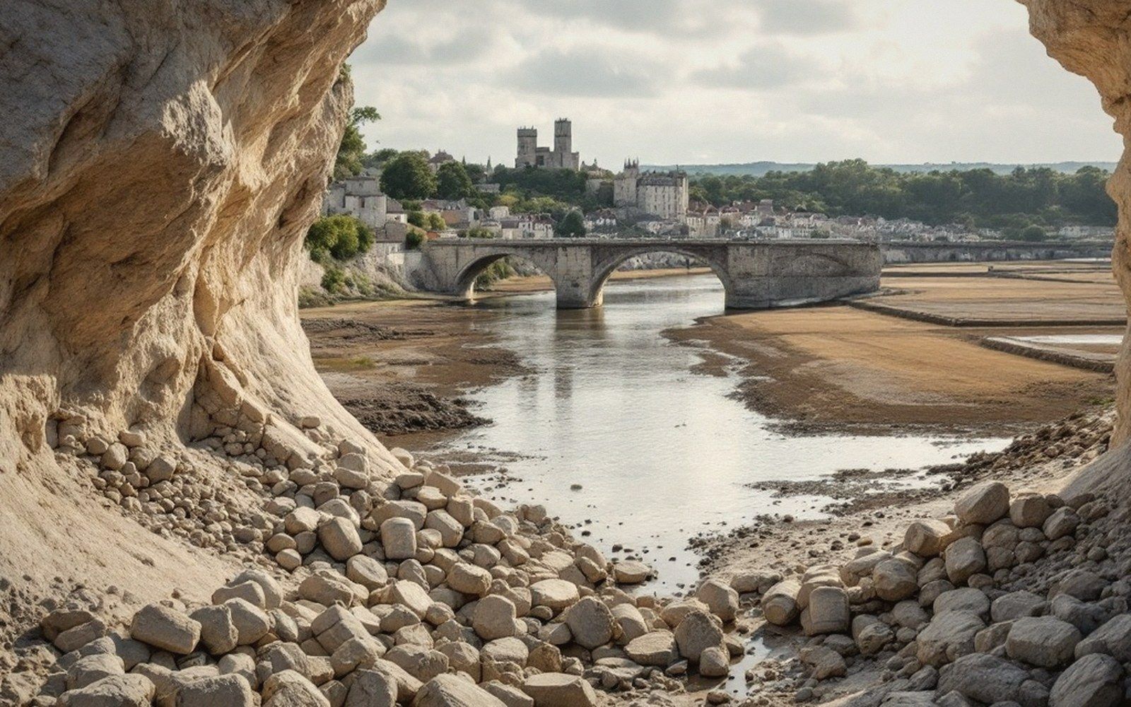 Stone riverbank framed by cave walls, with a low river, bridge and hilltop town beyond
