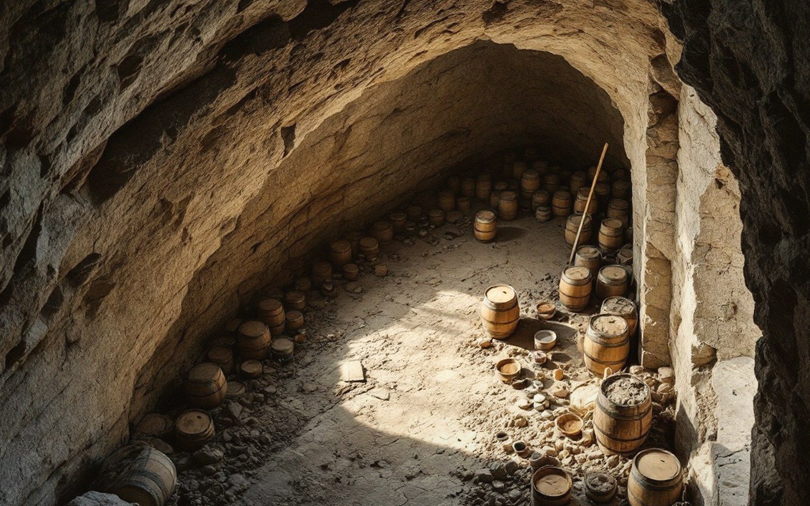 Wooden barrels lined along the walls of a stone-vaulted underground cellar