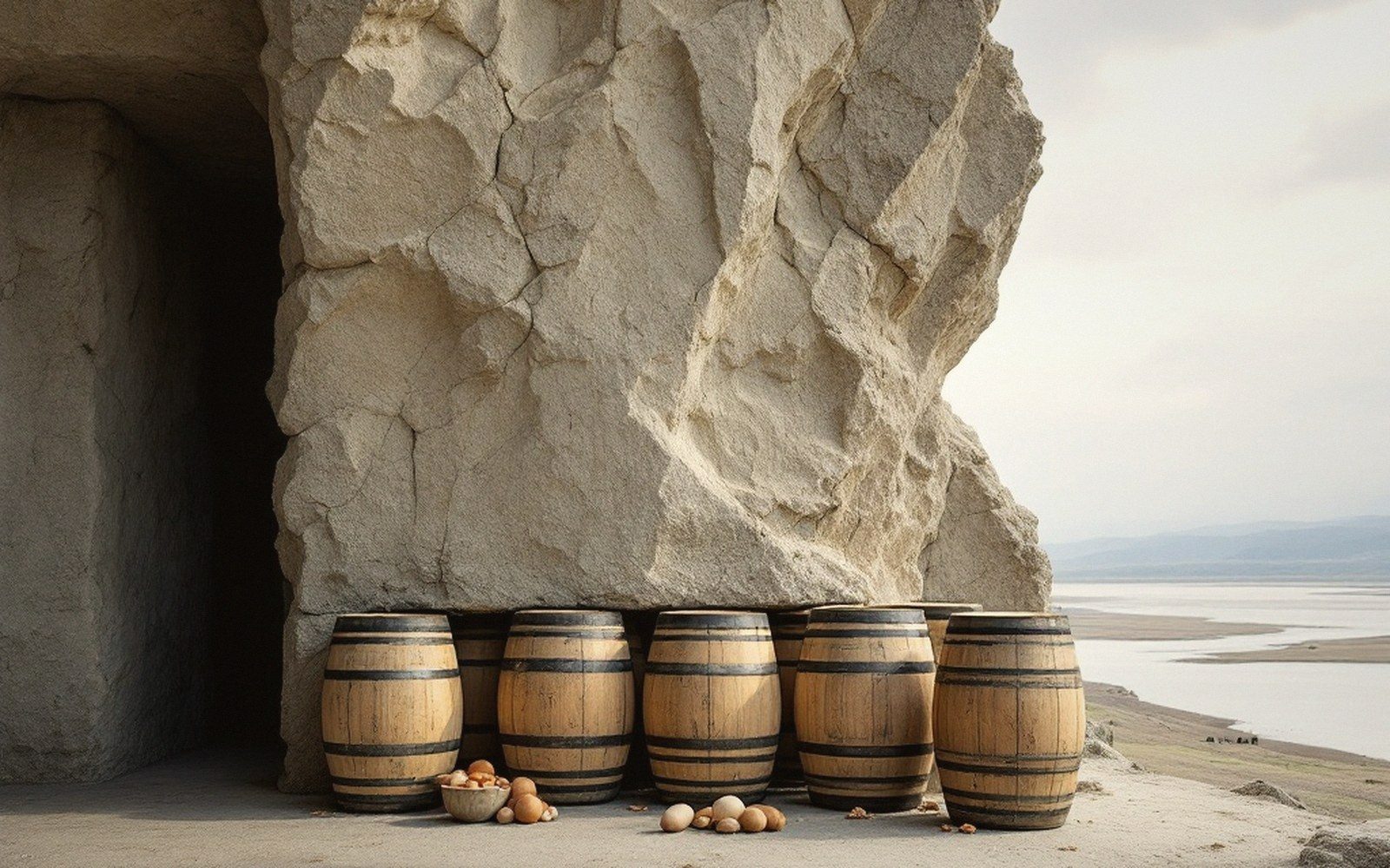 Wooden wine barrels lined against a carved rock cave entrance near water
